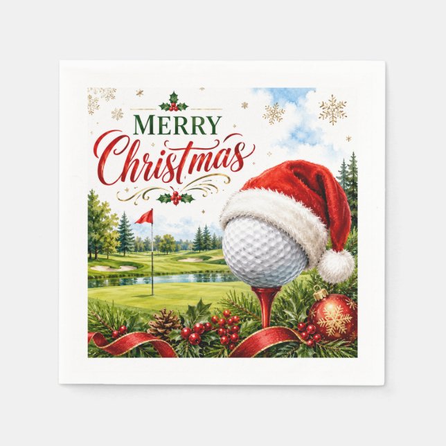 Golf God Jul med golfboll med tomtehatt Pappersservett (Framsidan)