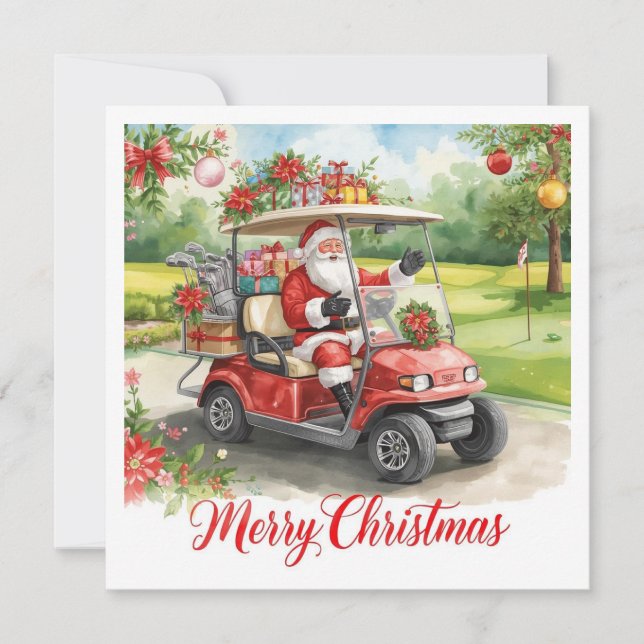 Golf God Jul Tomte kör golfbil Julkort (Framsida)