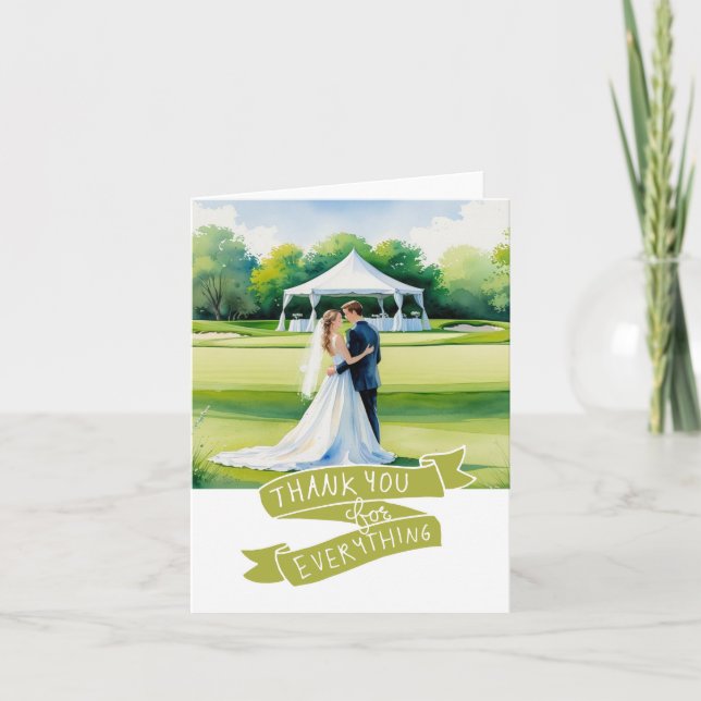 Golf Golfare Brud och brudgum Golfbana akvarell Tack Kort (Framsida)