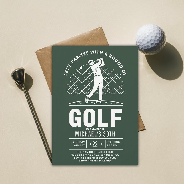 Golf Golfer Golfing Elegant Modern 30års födelseda Inbjudningar (golf party 30th birthday invitation him men boyfriend golfer golfing elegant modern classy)