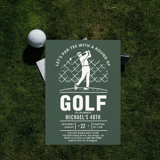 Golf Golfer Golfing Elegant Modern 40:e födelsedag Inbjudningar (golf party 40th birthday invitation him men boyfriend golfer golfing elegant modern classy)
