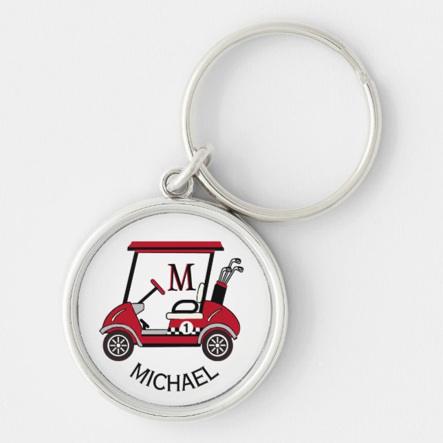 Golf Guy Gift Anpassningsbar Cart Monogram Namn Rund Silverfärgad Nyckelring (Framsidan)
