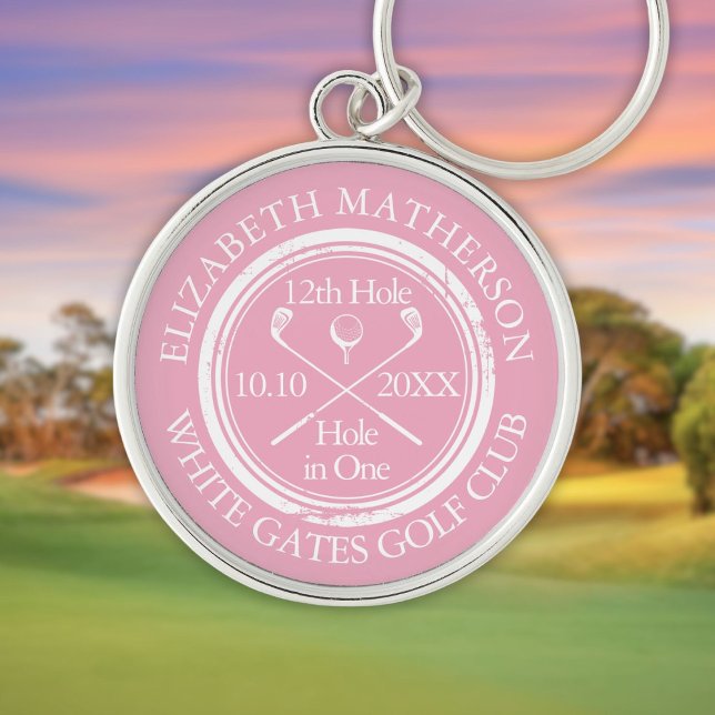 Golf Hål i en feminin Rosa Personlig Rund Silverfärgad Nyckelring (Golf Hole in One Feminine Pink Personalized Keychain)
