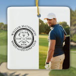 Golf Hål i en Personlig Photo Golfer Julgransprydnad Keramik<br><div class="desc">Med en frimärke-effektsmodell av åldras-typ. Anpassa golfens två foton,  namn,  nummer för hål och datum för att skapa en underbar keepy för att fira det fantastiska hål-i-ett-golfpriset. Designad av Thisisnotme©</div>