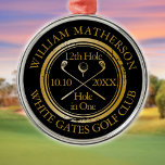 Golf Hål i ena Guld och svart Julgransprydnad Metall<br><div class="desc">Anpassa namn,  placera hål nummer och datum för att skapa en underbar golfkeepé för att fira det fantastiska hål i ett. Designad av Thisisnotme©</div>