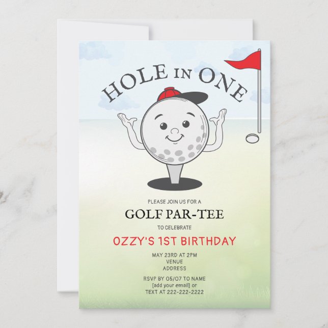 Golf Hål-i-ett 1-års Födelsedag Par-Tee Inbjudningar (Framsida)