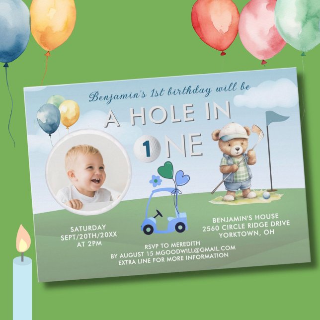 Golf Hål i ett foto Boy First Birthday Par-Tee Inbjudningar (Skapare uppladdad)