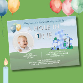 Golf Hål i ett foto Boy First Birthday Par-Tee Inbjudningar