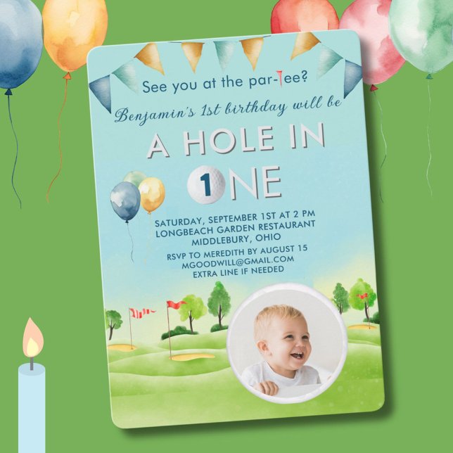 Golf Hål i ett foto Boy First Birthday Par-Tee Inbjudningar (Skapare uppladdad)