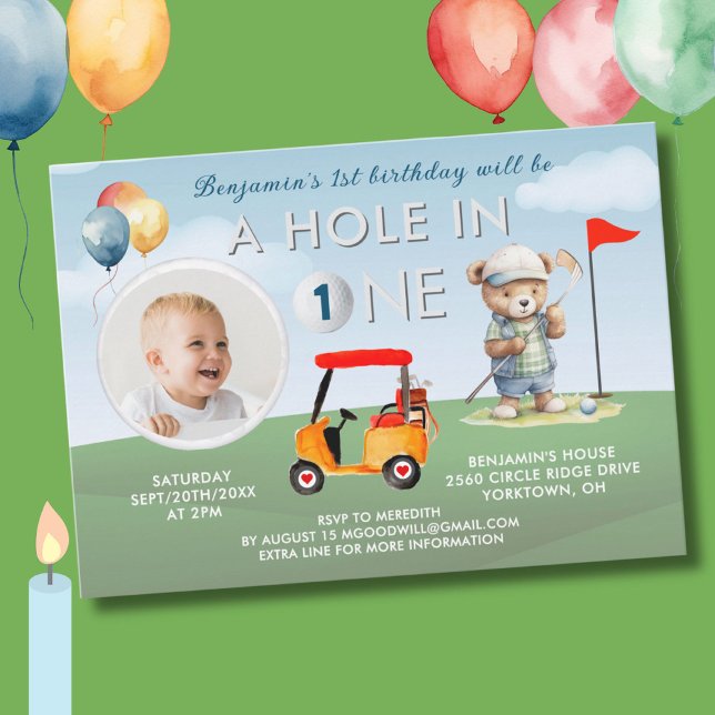 Golf Hål i ett foto Boy First Birthday Par-Tee Inbjudningar (Skapare uppladdad)