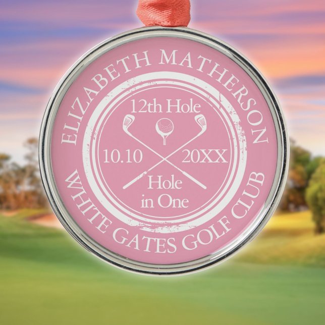 Golf Hål-i-ett Klassisk Personlig Rosa Julgransprydnad Metall (Golf Hole in One Classic Personalized Pink Metal Ornament)