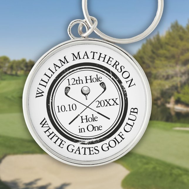 Golf Hål-i-ett Klassisk Personlig Rund Silverfärgad Nyckelring (Golf Hole in One Classic Personalized Keychain)