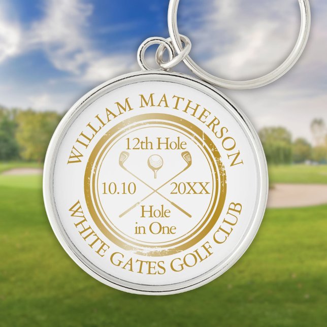Golf Hål i Personligen One Guld Rund Silverfärgad Nyckelring (Golf Hole in One Gold Personalized Keychain)