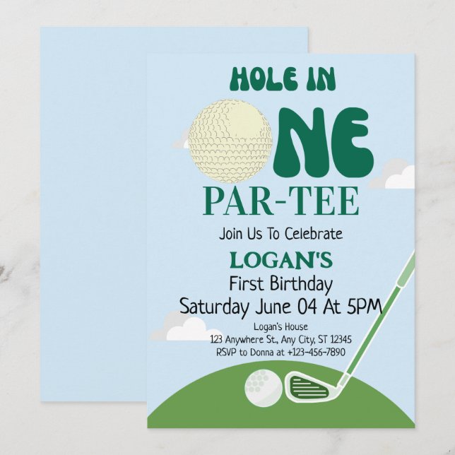 Golf Hål in one Boy 1st Birthday Anpassningsbar Pa Inbjudningar (Fram/baksida)