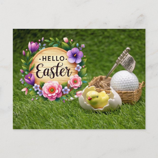 Golf Happy Easter with chicken and golf ball Helg Vykort (Framsida)