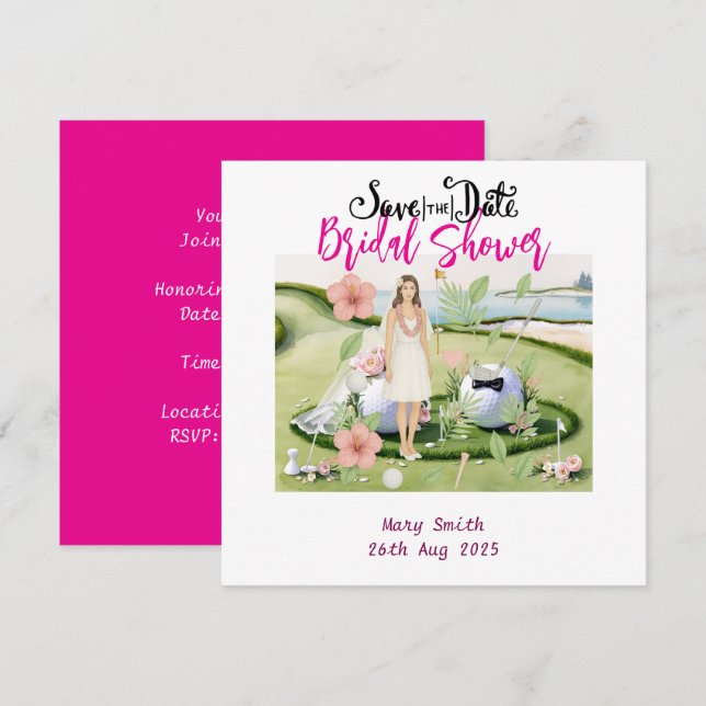 Golf Hawaiaans getinte Bröllopsdusch Bachelorette Spara Datumet (Fram/baksida)