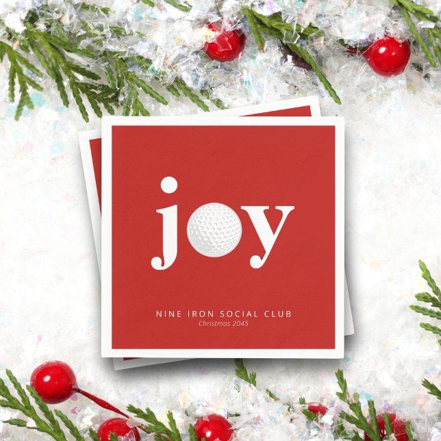 Golf Holiday Joy Personalized Name Typography Red Pappersservett (Modern “Joy” with golf ball detail. Perfect for country clubs, leagues, or golf buddy parties.)