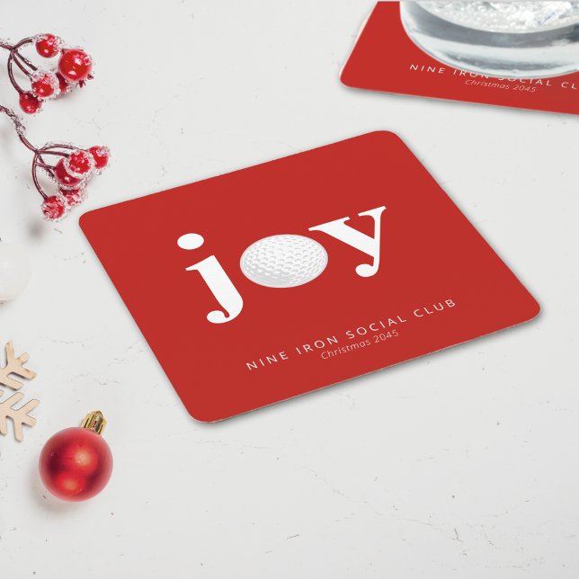 Golf Holiday Joy Personalized Typography Red Underlägg Papper Kvadrat (Modern, festive, and ready for every round of holiday cheer.)
