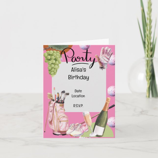 Golf järn med boll på rosa till golfer inbjudan (Framsida)