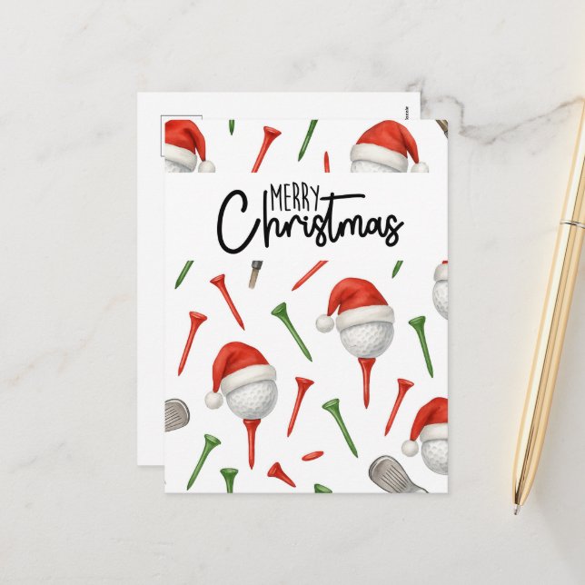 Golf jul Santa Hat Red and Grönt Tees Helg Vykort (Fram/Back In Situ)