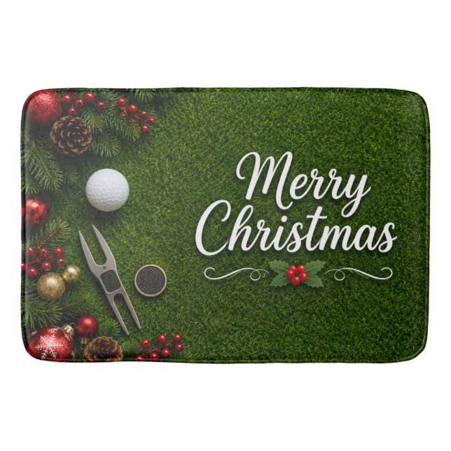 Golf jul tema på grön gräsmatta badrumsmatta (Framsidan)
