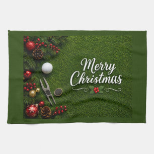 Golf jul tema på grön gräsmatta kökshandduk