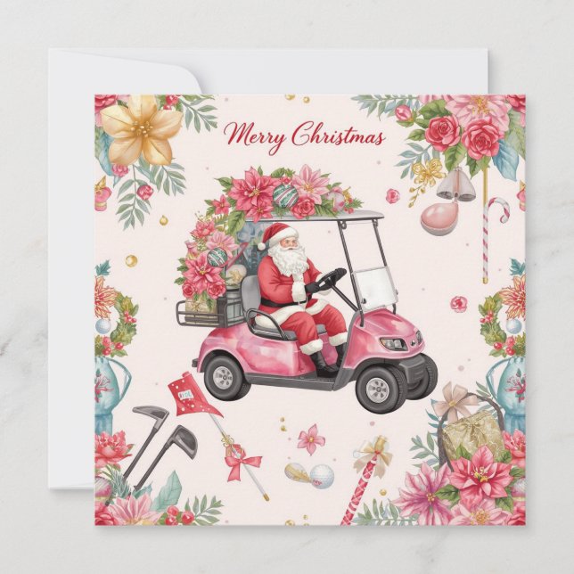 Golf jul tema Santa kör Pink golfcart Julkort (Framsida)