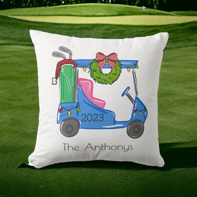 Golf-julblått golf Cart-Personlig Preppy Kudde (Skapare uppladdad)
