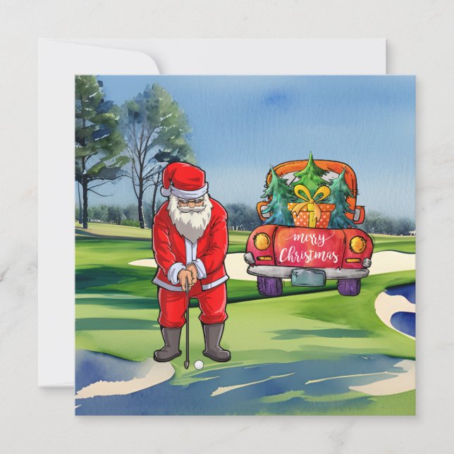 Golf Julgran på röd bil med Jultomten Kort (Framsida)