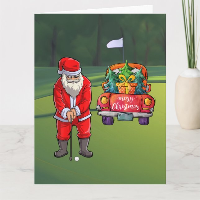 Golf Julgran på röd bil med Jultomten Kort (Framsida)