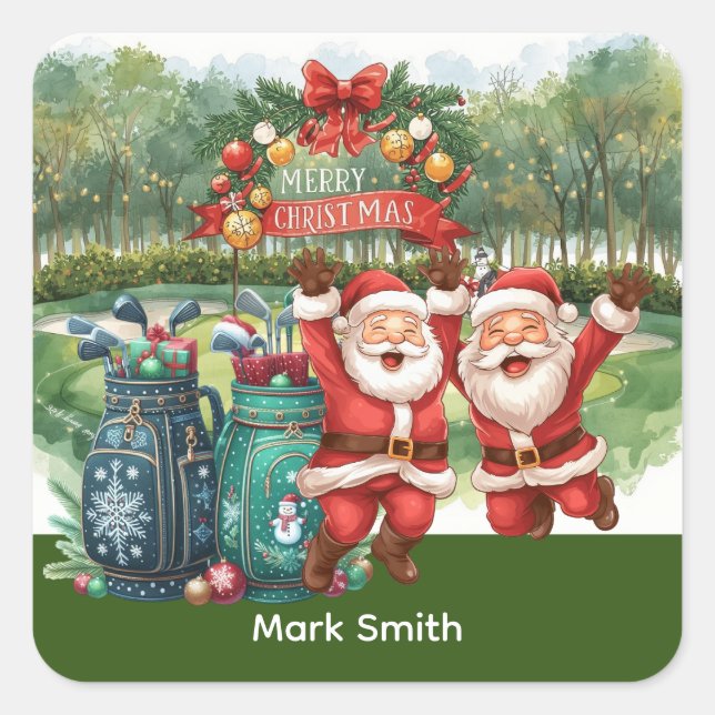 Golf Jultomten God jul Fyrkantigt Klistermärke (Framsida)