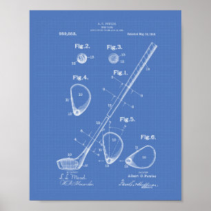 Golf Klubb 1910 Patent Art - blåkopia Poster