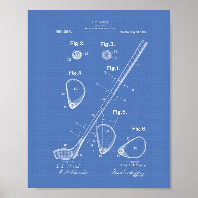 Golf Klubb 1910 Patent Art - blåkopia Poster (Framsidan)