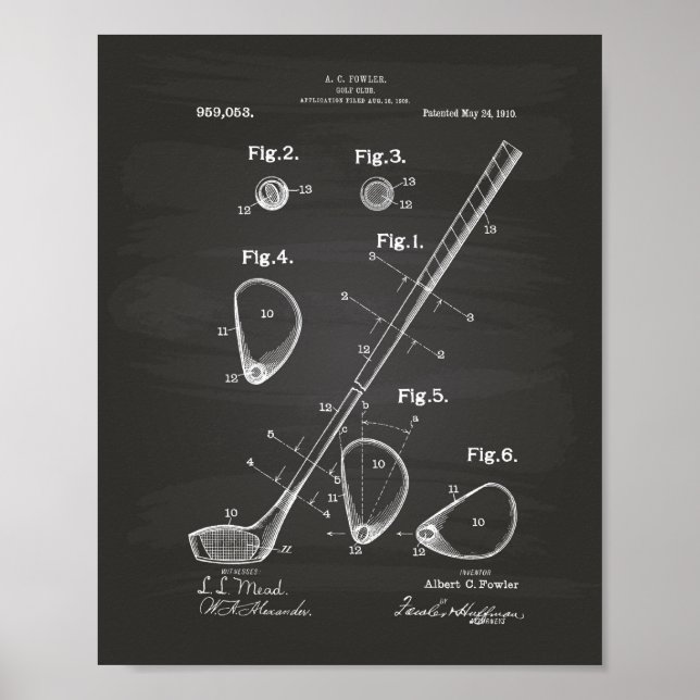 Golf Klubb 1910 Patent Art - Chalkboard Poster (Framsidan)