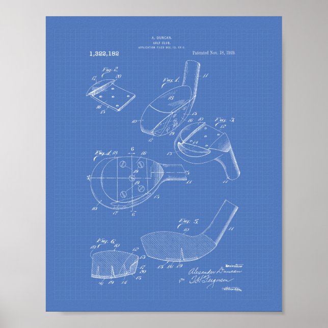 Golf Klubb 1919 Patent Art - Blueprint Poster (Framsidan)
