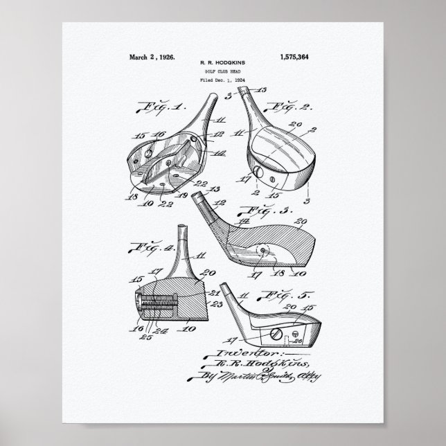 Golf Klubb Head 1926 Patent Art - White Papper Poster (Framsidan)