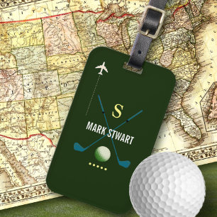 Golf-klubbar, namn + initial grönt monogrammad bagagebricka