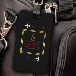 Golf-klubbar, namn och initial på svart monogramme bagagebricka