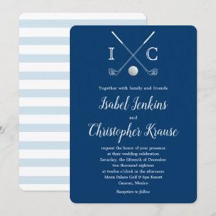 Golf Klubbs Blue Monogram Rand bröllopsinbjudan Inbjudningar