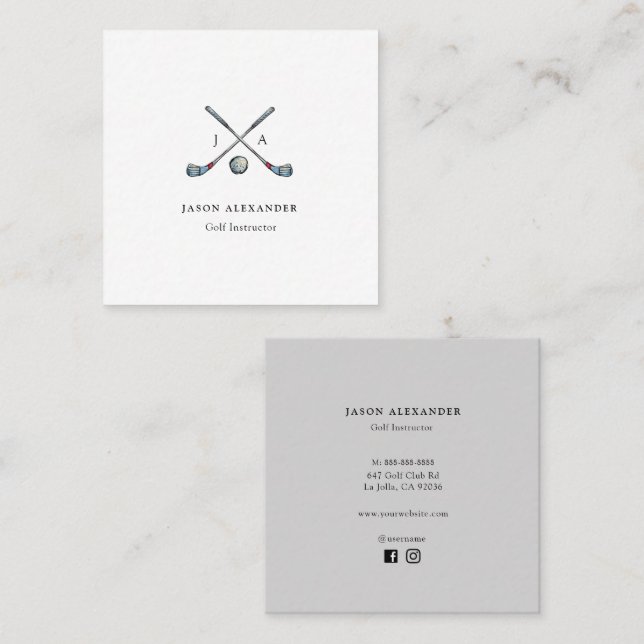 Golf Klubbs Monogram Golf Instructor Golf pro Fyrkantigt Visitkort (Fram/baksida)