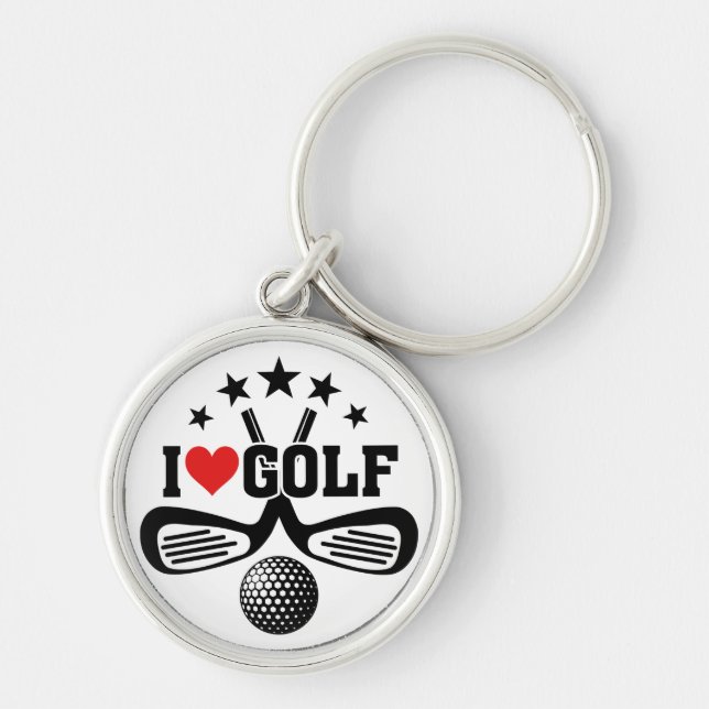 Golf - korsade golfKlubbar, I Kärlek Golf Rund Silverfärgad Nyckelring (Framsidan)