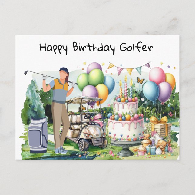 Golf-kvinnan spelar golf Birthday golfer Card Vykort (Framsida)