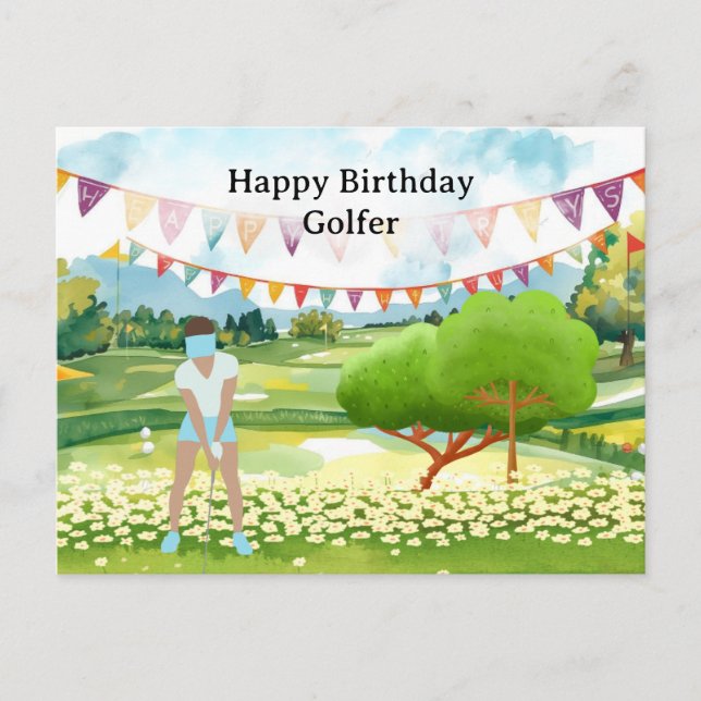 Golf-kvinnan spelar golf Birthday golfer Card Vykort (Framsida)
