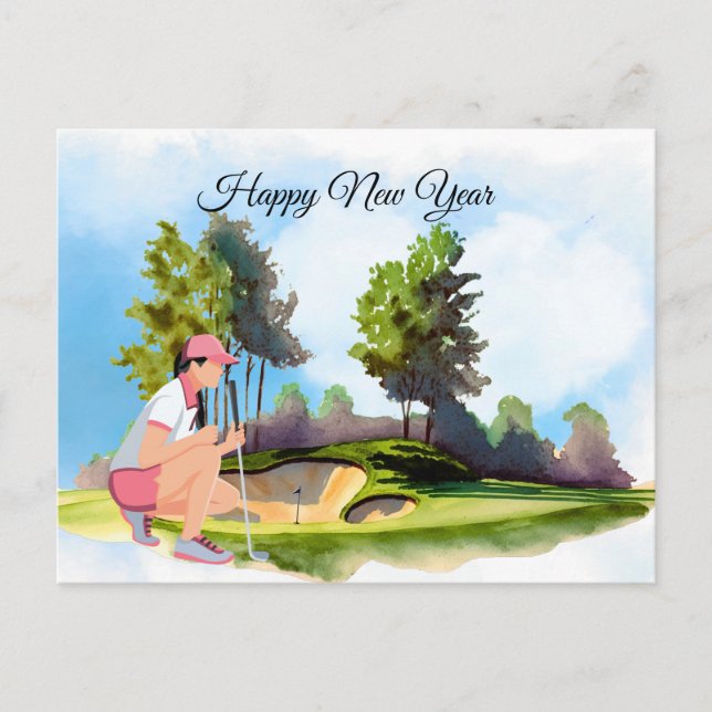 Golf-kvinnan spelar golf New Year Helg Vykort (Framsida)