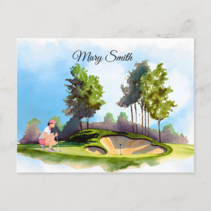 Golf-kvinnan spelar golf vykort