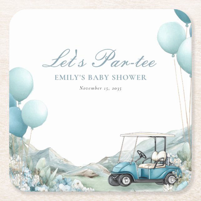 Golf Let's Par-tee Blå Babyfirande Underlägg Papper Kvadrat (Framsidan)