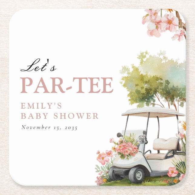 Golf Let's Par-tee Flick Babyshower Underlägg Papper Kvadrat (Framsidan)