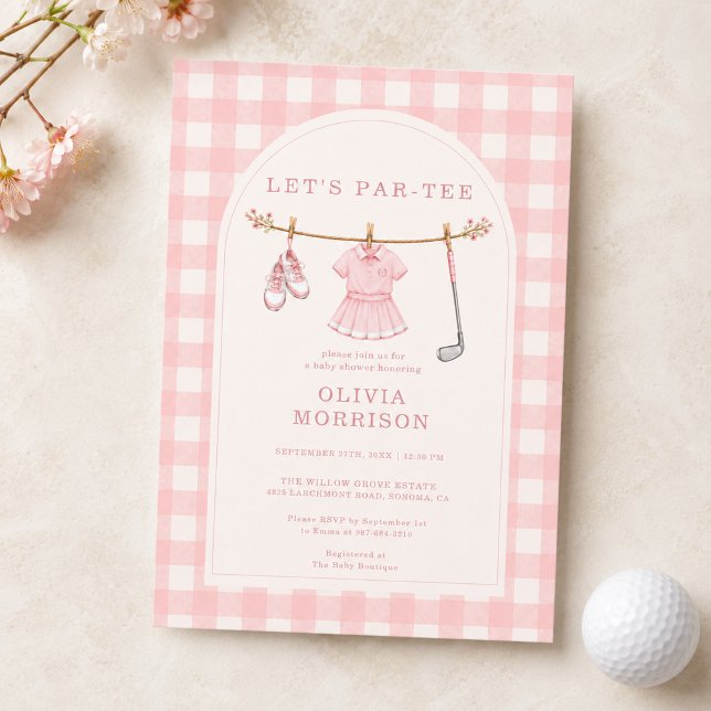 Golf Let's Par-tee Rosa Flick Gingham Barnrumsfira Inbjudningar (Skapare uppladdad)