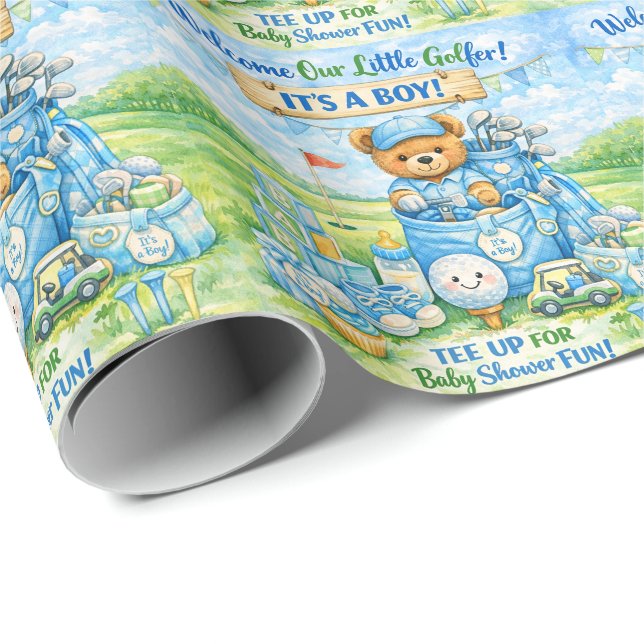 Golf Liten Golfare Baby Pojke Dop Invitation Presentpapper (Rullad Hörn)