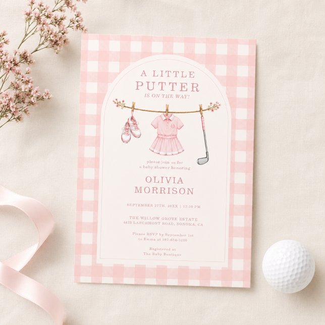 Golf Little Putter Rosa Gingham Bebis firande Inbjudningar (Skapare uppladdad)
